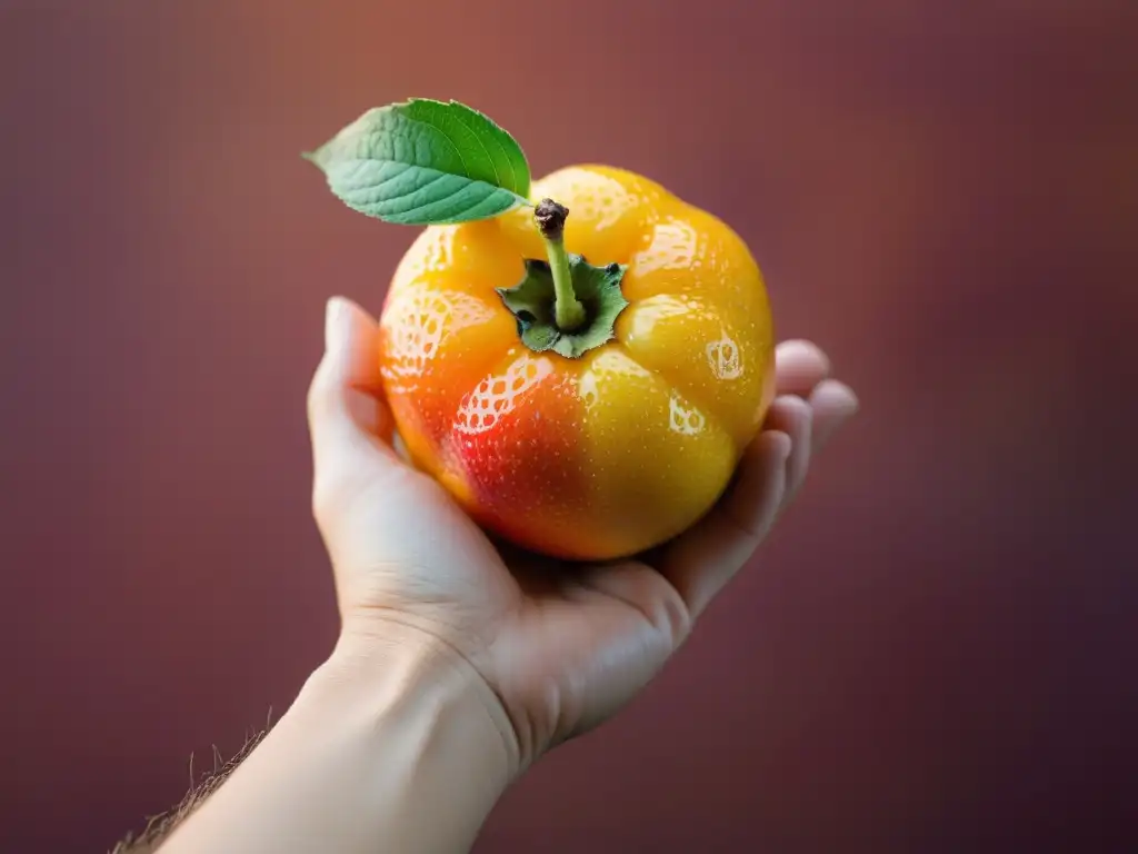 Una mano sostiene con cuidado una fruta orgánica recién cosechada, destacando la importancia de las certificaciones orgánicas en el marketing