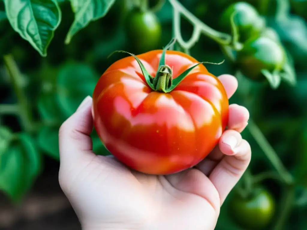 Una mano cuidadosa inspecciona un hermoso tomate orgánico, evocando confianza en la cadena de suministro de alimentos orgánicos