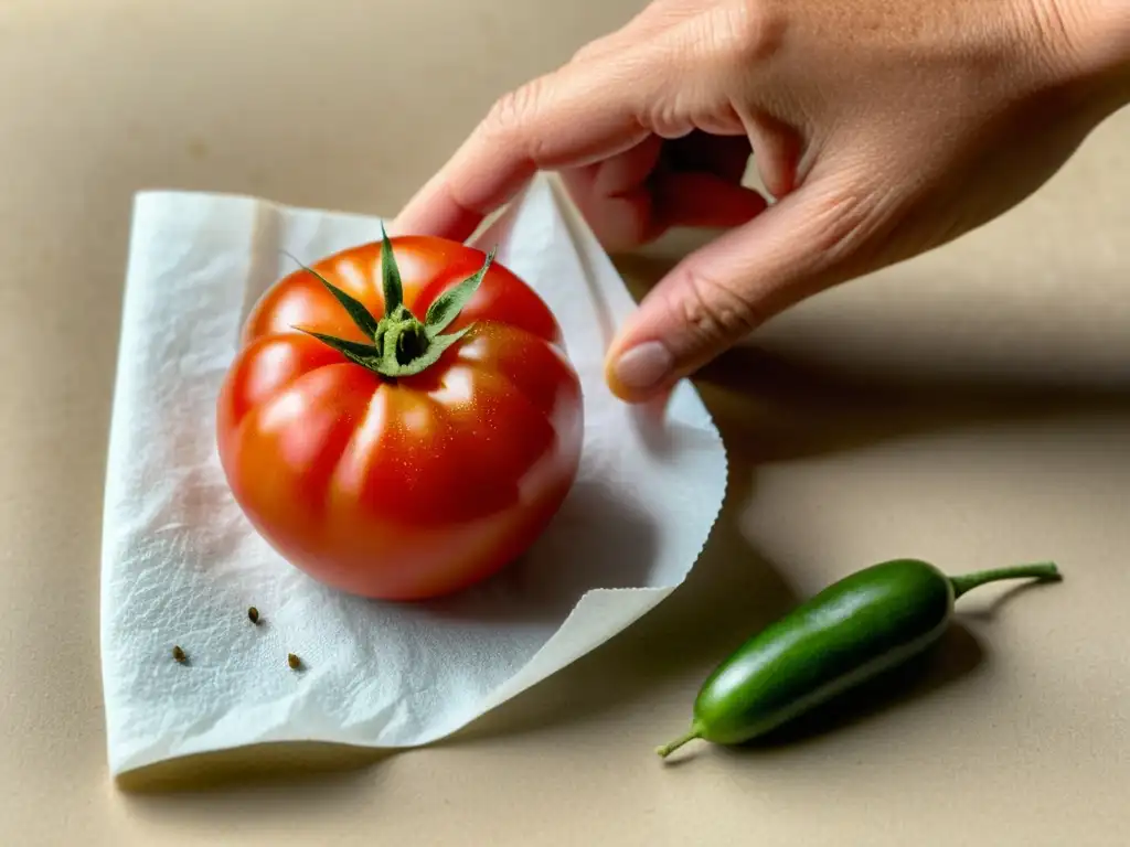 Mano cuidadosa preservando semillas de tomate orgánico, resaltando la importancia de la preservación de semillas en la agricultura orgánica