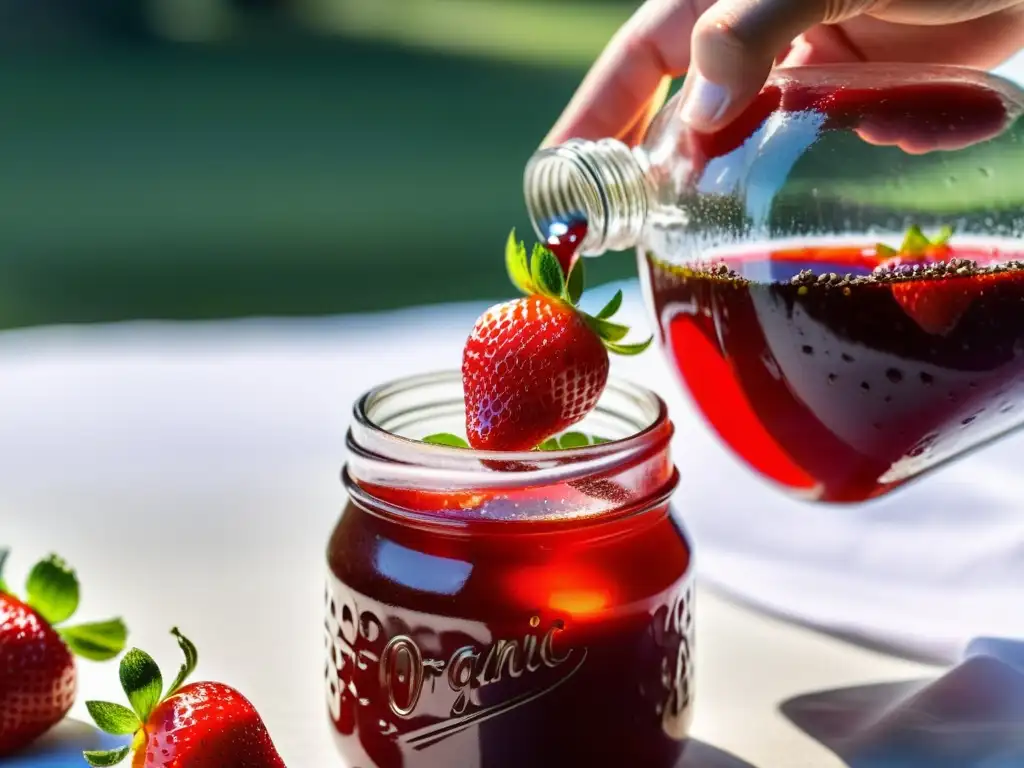 Una mano coloca con delicadeza una fresa madura en un frasco de cristal con mermelada casera