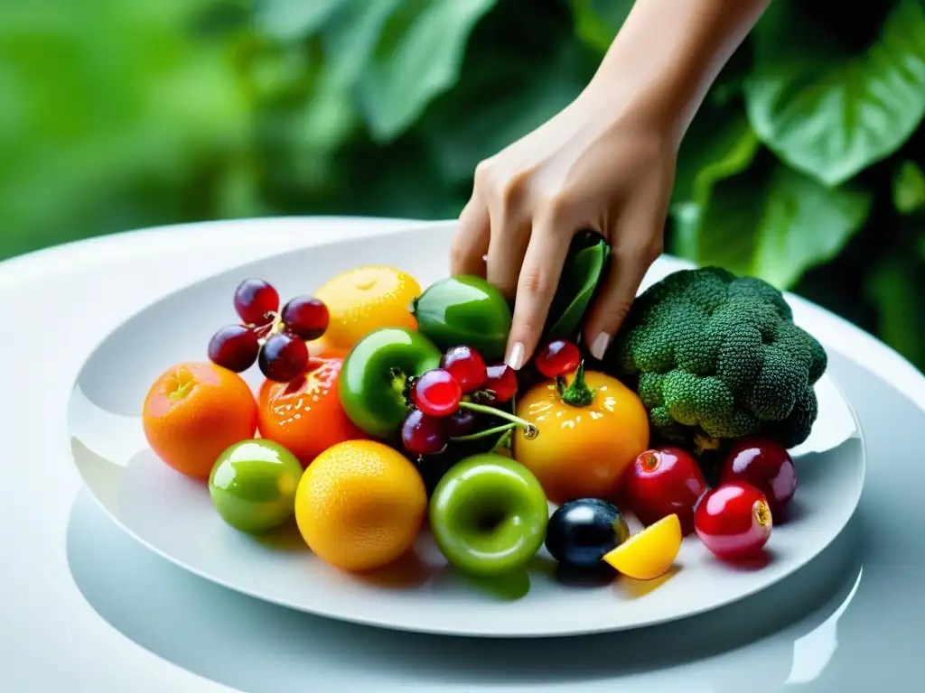 Una mano arregla con delicadeza una variedad de frutas y verduras orgánicas recién cosechadas en un plato blanco moderno