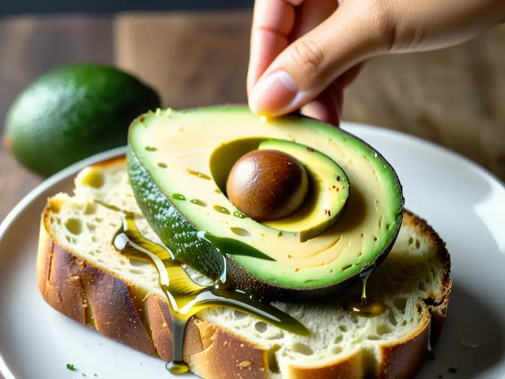 Una mano alcanza una deliciosa tostada de aguacate orgánico con aceite de oliva y sal marina