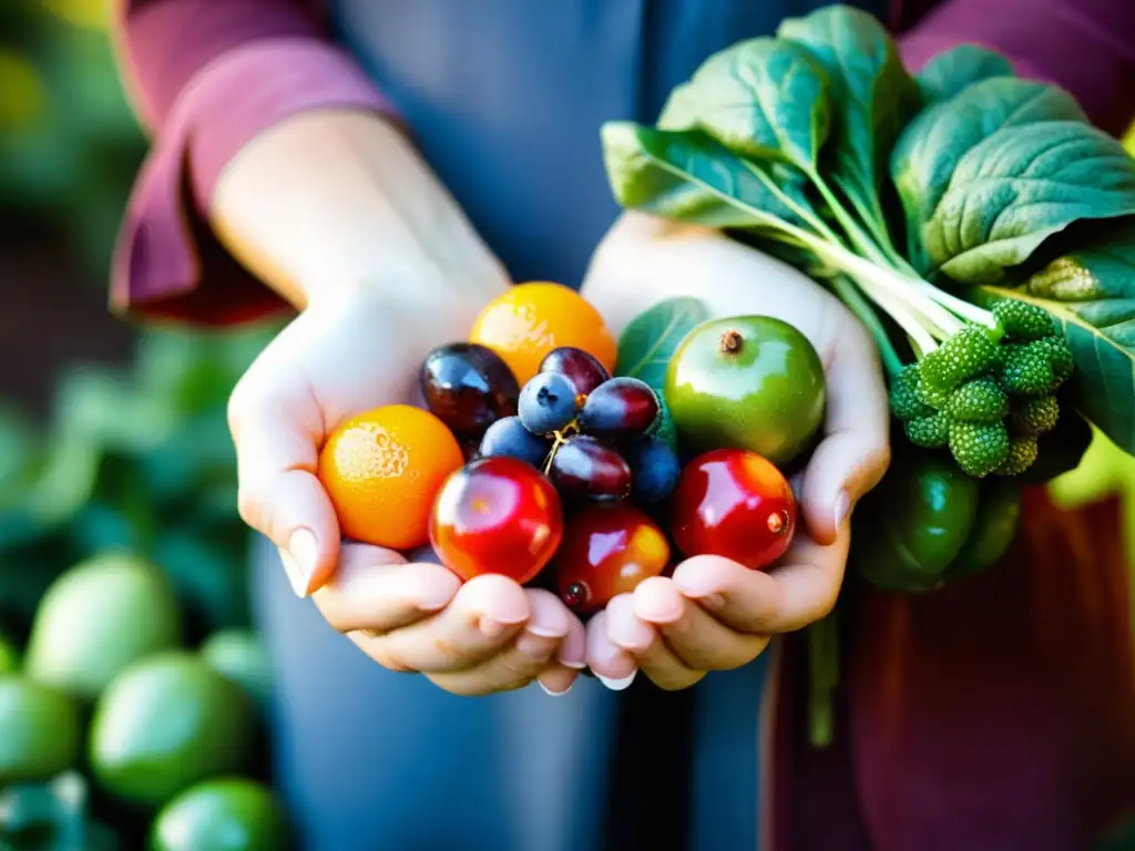 Mano sosteniendo frutas y verduras orgánicas frescas con vibrantes colores y texturas, estrategias de email marketing orgánico