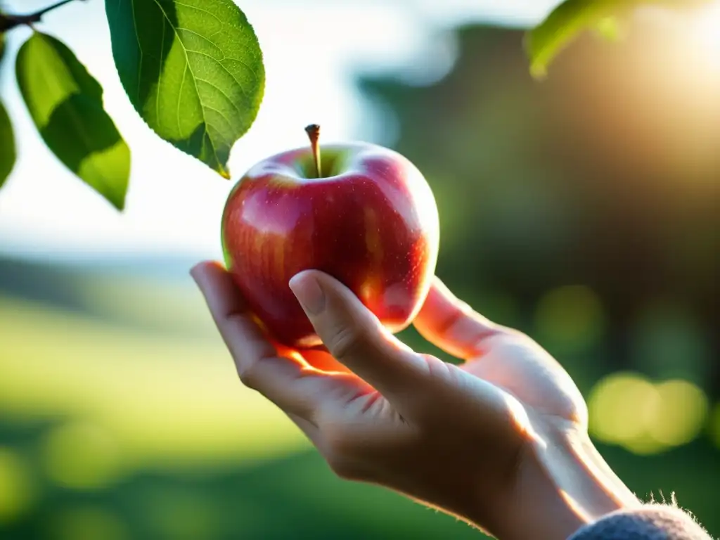 Una mano sostiene suavemente una manzana orgánica fresca y vibrante, resaltando la conexión entre el individuo y el alimento