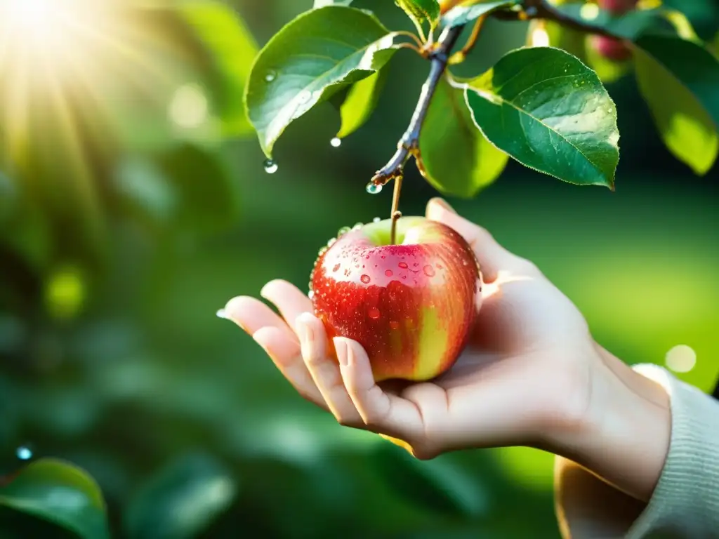 Mano sosteniendo manzana orgánica recién recogida con gotas de agua, entre hojas verdes y luz suave