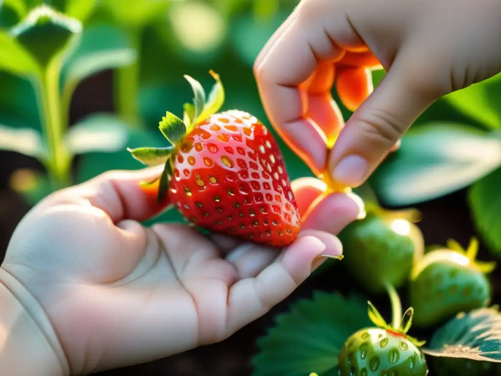 Mano de niño sosteniendo una jugosa fresa orgánica, resaltando la conexión con alimentos orgánicos para bebés