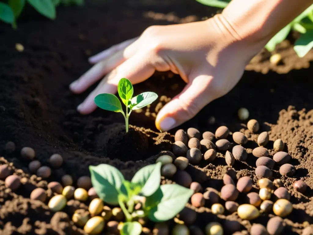 Mano plantando semilla orgánica en jardín de permacultura, simbolizando crecimiento y conexión con la tierra