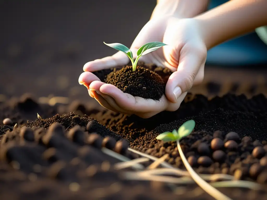 Mano plantando semilla en tierra oscura, resaltando detalles y texturas naturales