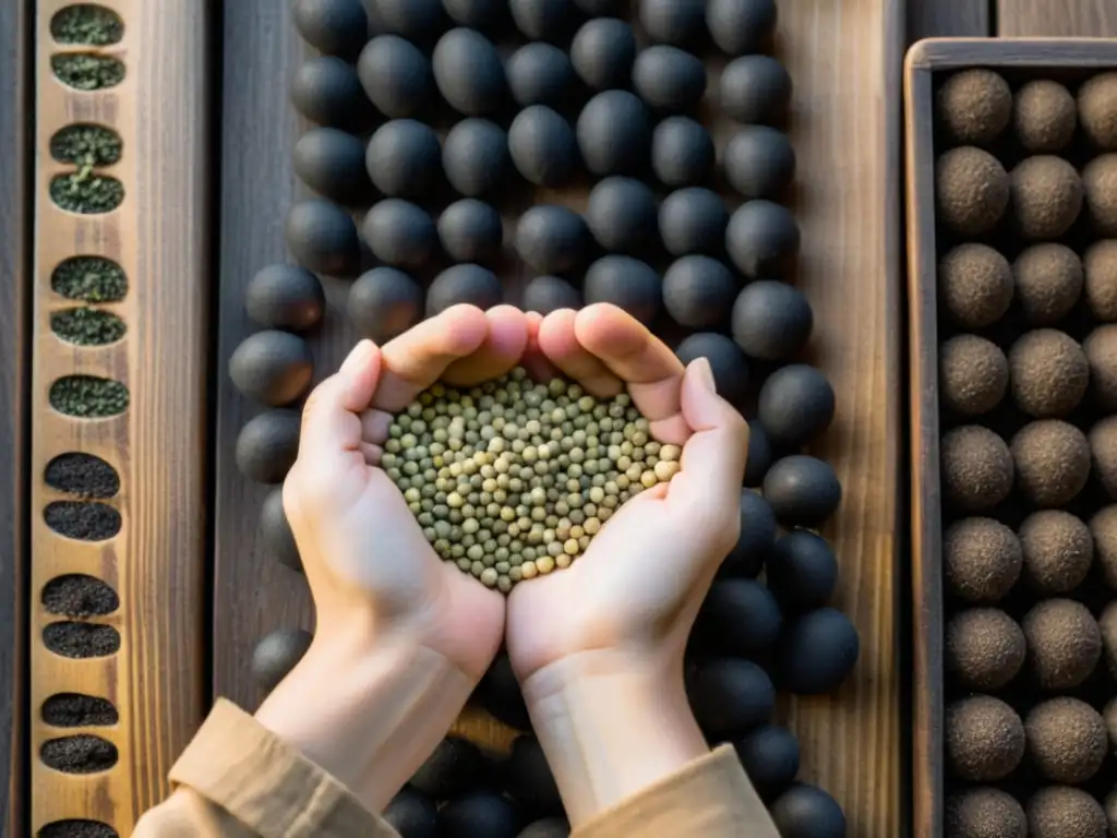 Mano seleccionando y cuidando semillas orgánicas, evocando reverencia por la diversidad natural y el papel crucial del ser humano en la agricultura