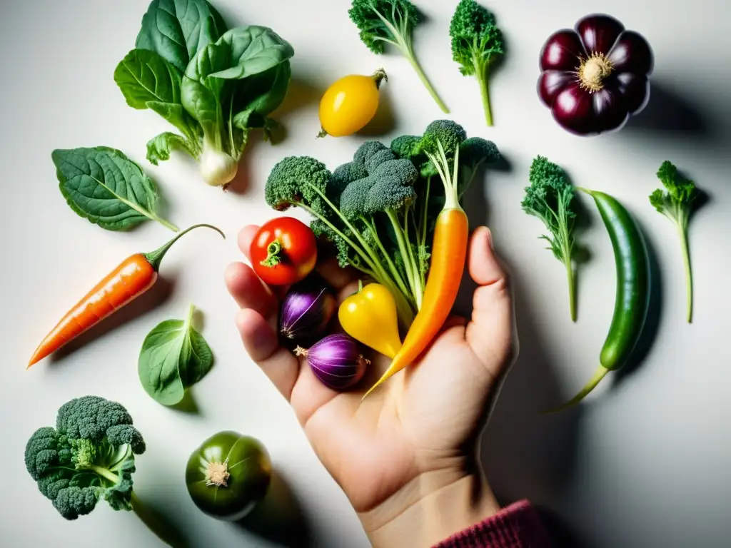 Mano seleccionando semillas de vegetales orgánicos y heredados, enfoque detallado, colores vibrantes, fondo blanco