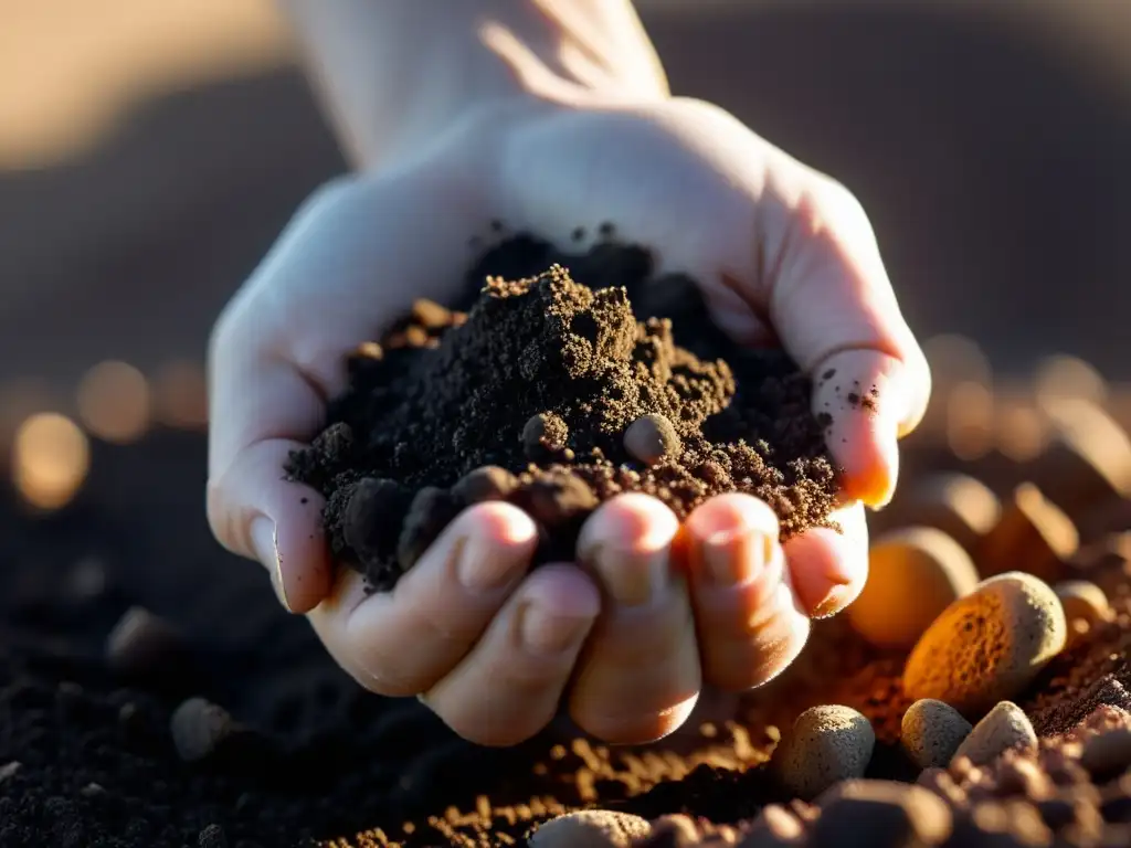 Mano sosteniendo suelo oscuro con cuidado, en detalle y luz cálida, transmitiendo reverencia por la conservación suelos agricultura orgánica