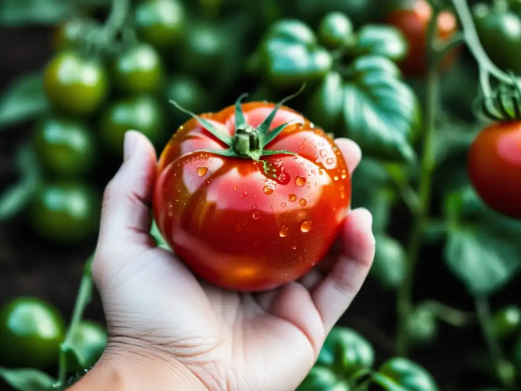 Una mano sostiene un tomate orgánico recién cosechado con gotas de agua, destacando la importancia de ingredientes orgánicos