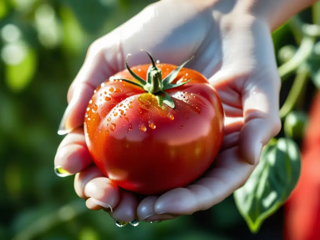 Una mano sostiene un tomate orgánico maduro con gotas de agua, resaltando su belleza natural