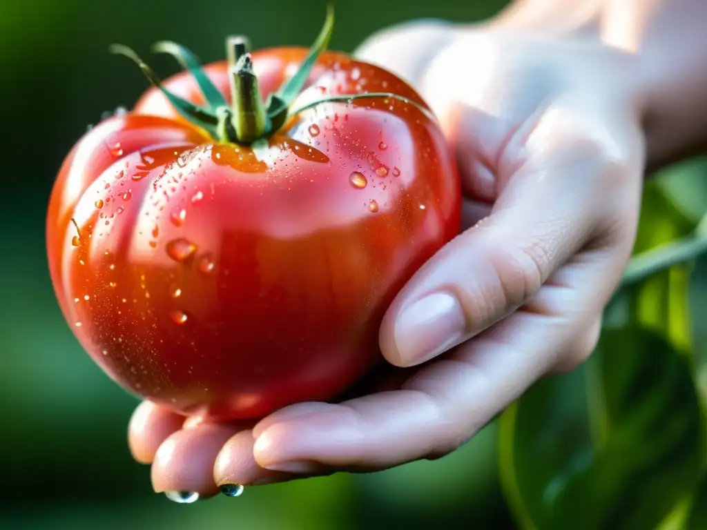 Una mano sostiene un tomate orgánico maduro con gotas de agua, resaltando su frescura y pureza