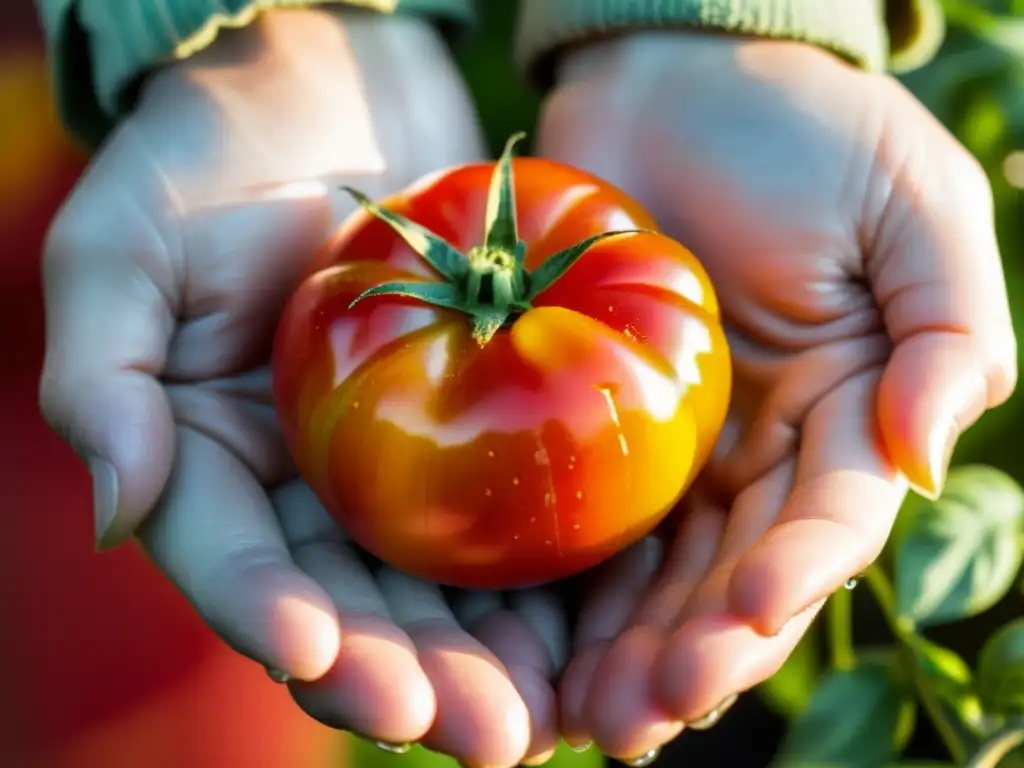 Una mano sostiene un tomate heirloom recién recolectado, con colores vibrantes y gotas de agua