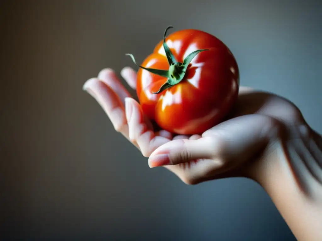 Mano sosteniendo un tomate rojo vibrante, transmitiendo cuidado y aprecio por la experiencia de marca en alimentos orgánicos