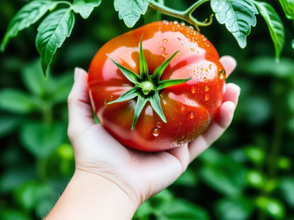 Una mano sostiene un tomate rojo vibrante con gotas de rocío, resaltando su atractivo natural