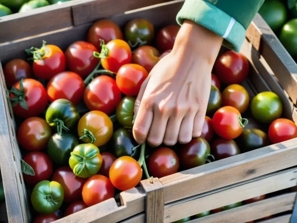 Mano seleccionando tomates orgánicos en el mercado