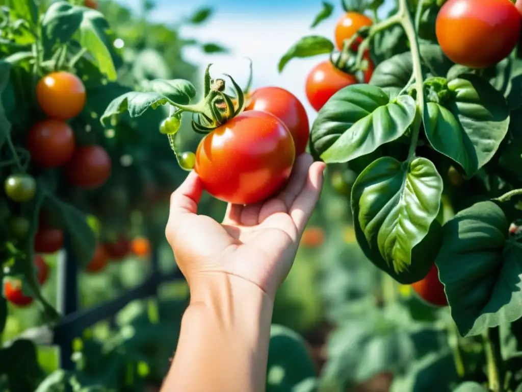 Mano recogiendo tomates rojos maduros en un jardín orgánico, con hierbas y vegetales al fondo