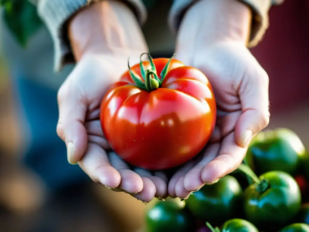 Una mano trabajadora sostiene con cuidado un tomate orgánico recién cosechado, resaltando las prácticas postcosecha de alimentos orgánicos