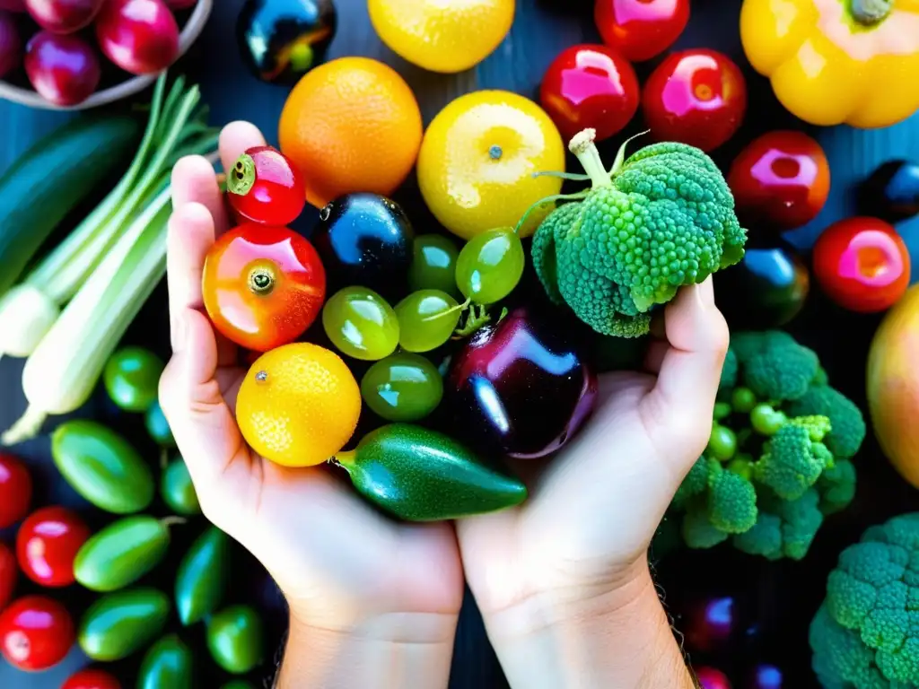 Una mano sostiene una variedad de frutas y verduras orgánicas recién cosechadas, con gotas de agua brillando en los productos