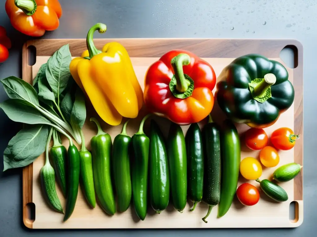 Una mano sostiene una variedad de verduras orgánicas lavadas, brillantes y apetitosas, sobre una tabla de cortar moderna