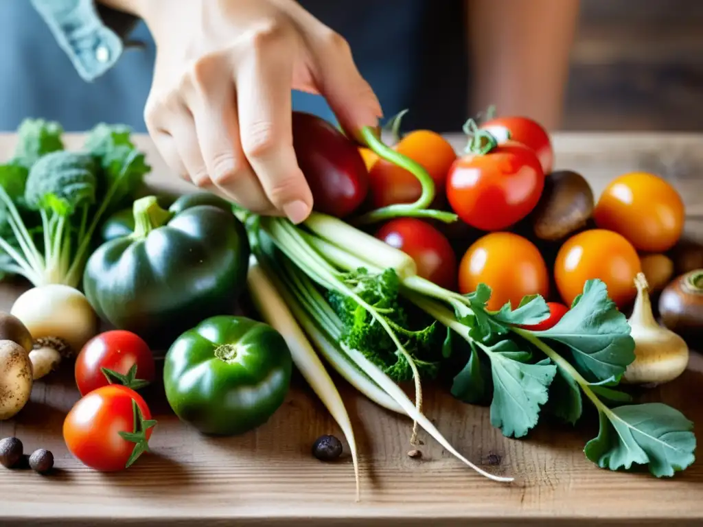 Mano coloca vegetales orgánicos frescos en mesa rústica