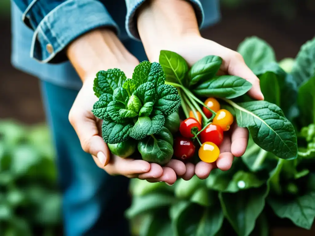 Mano sosteniendo vegetales orgánicos recién cosechados con gotas de agua, destacando las mejores prácticas postcosecha alimentos orgánicos