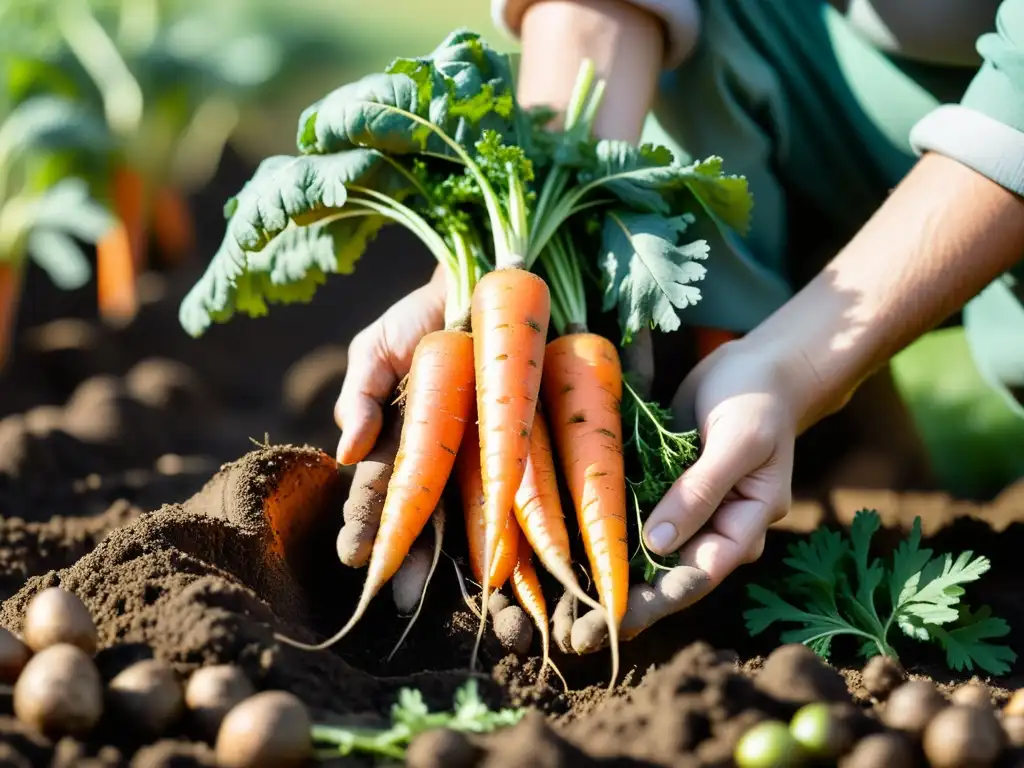 Mano sosteniendo zanahorias orgánicas recién cosechadas, con tierra en las raíces