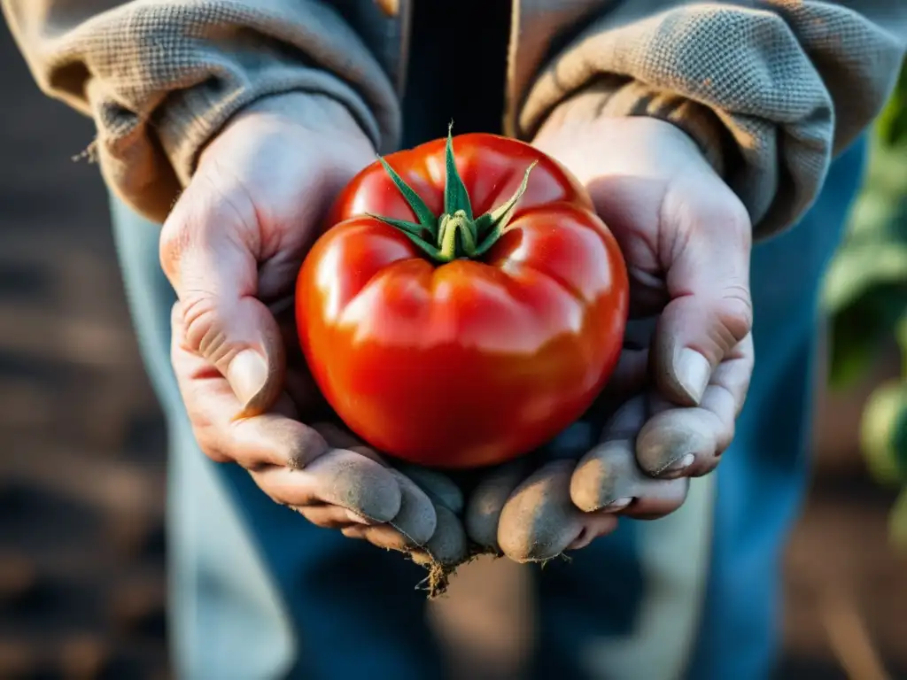 Manos de agricultor cuidando tomate rojo, destacando prácticas postcosecha en agricultura orgánica