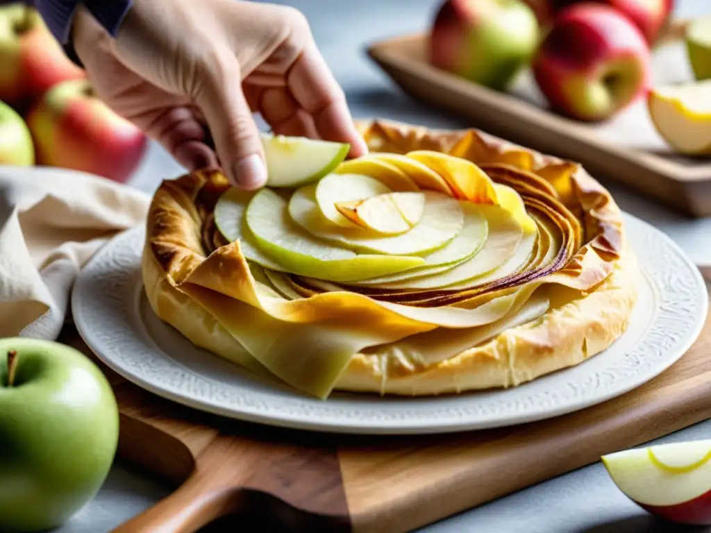 Manos preparando con cuidado un strudel de manzanas orgánicas, evocando calidez y artesanía en la receta