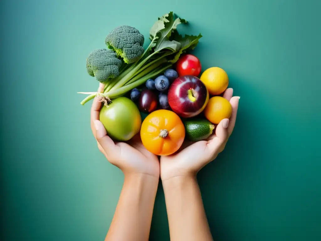 Manos cuidadosas sostienen alimentos orgánicos, transmitiendo calma y bienestar