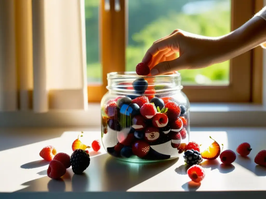 Manos cuidadosas preservando beneficios de alimentos orgánicos en frascos de vidrio