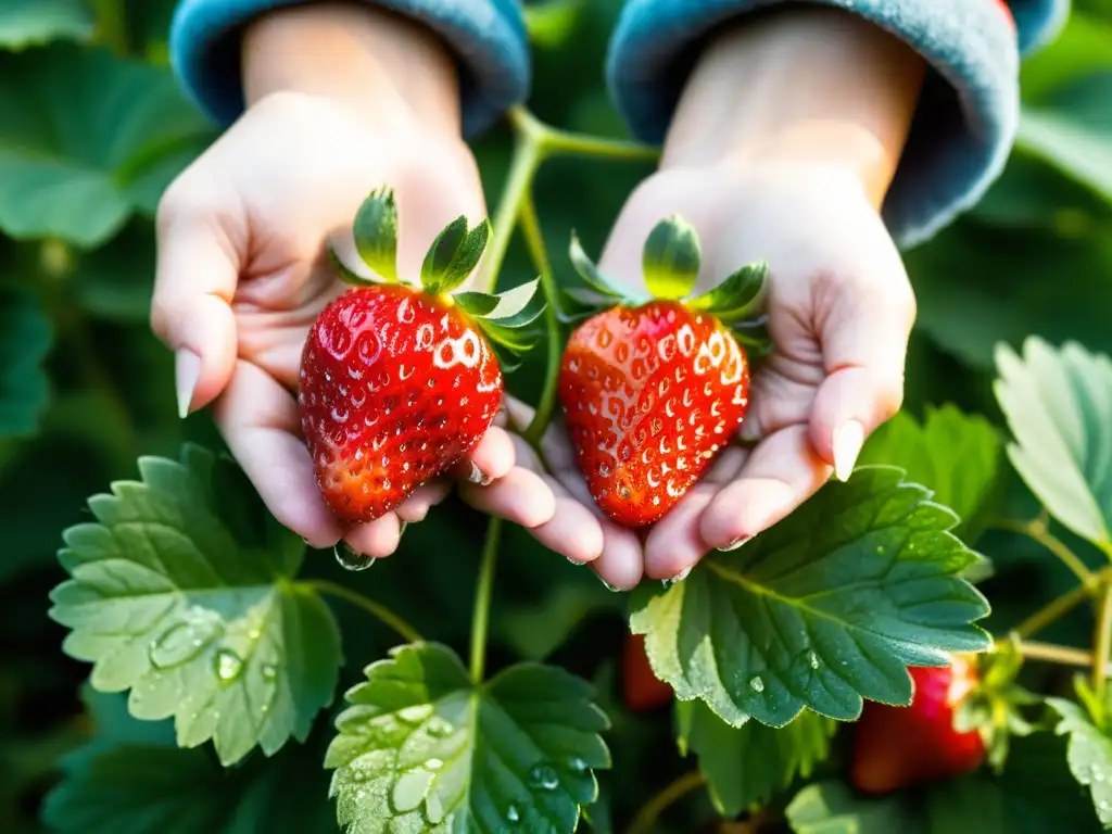 Manos cuidadosas recogen fresas rojas vibrantes en un ambiente tranquilo, reflejando las mejores prácticas postcosecha alimentos orgánicos