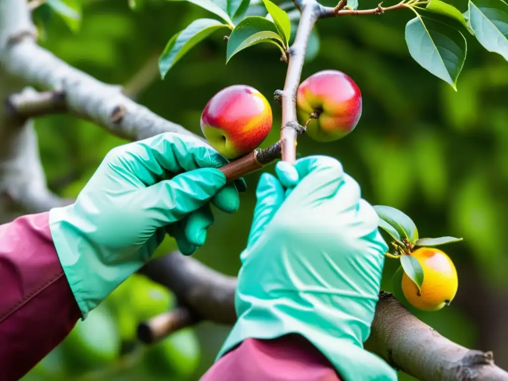 Manos cuidadosas podando rama de árbol frutal, resaltando la precisión en la poda