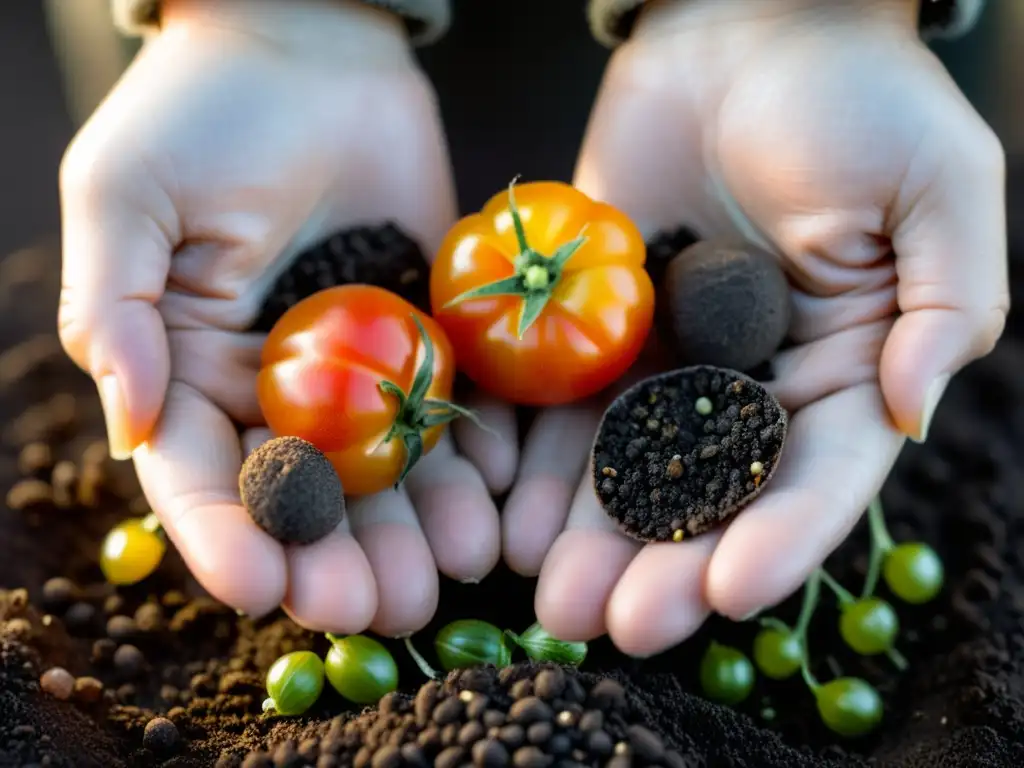 Manos cuidadosas depositan semillas heirloom en tierra, resaltando la importancia de la conservación y cultivo de semillas heirloom