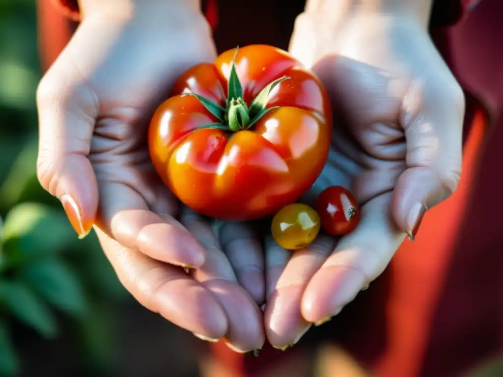 Manos experimentadas cuidan con reverencia un tomate orgánico recién cosechado, reflejando el compromiso con el movimiento orgánico global