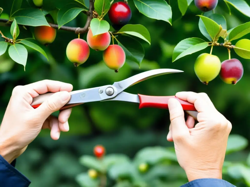 Manos expertas podando un árbol frutal en agricultura orgánica, mostrando destreza y precisión en la técnica de poda