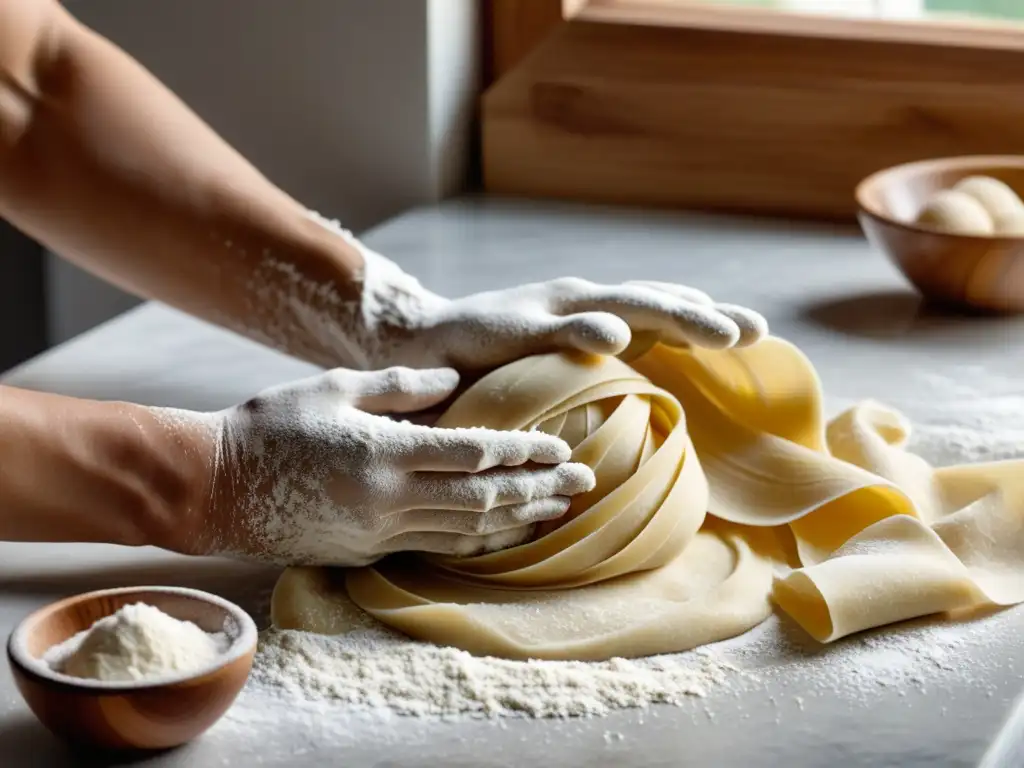 Unas manos expertas amasan cuidadosamente una bola de masa de pasta orgánica casera sobre una elegante encimera de mármol