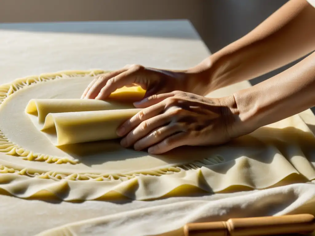 Unas manos expertas crean delicada pasta orgánica casera, bañadas en suave luz natural