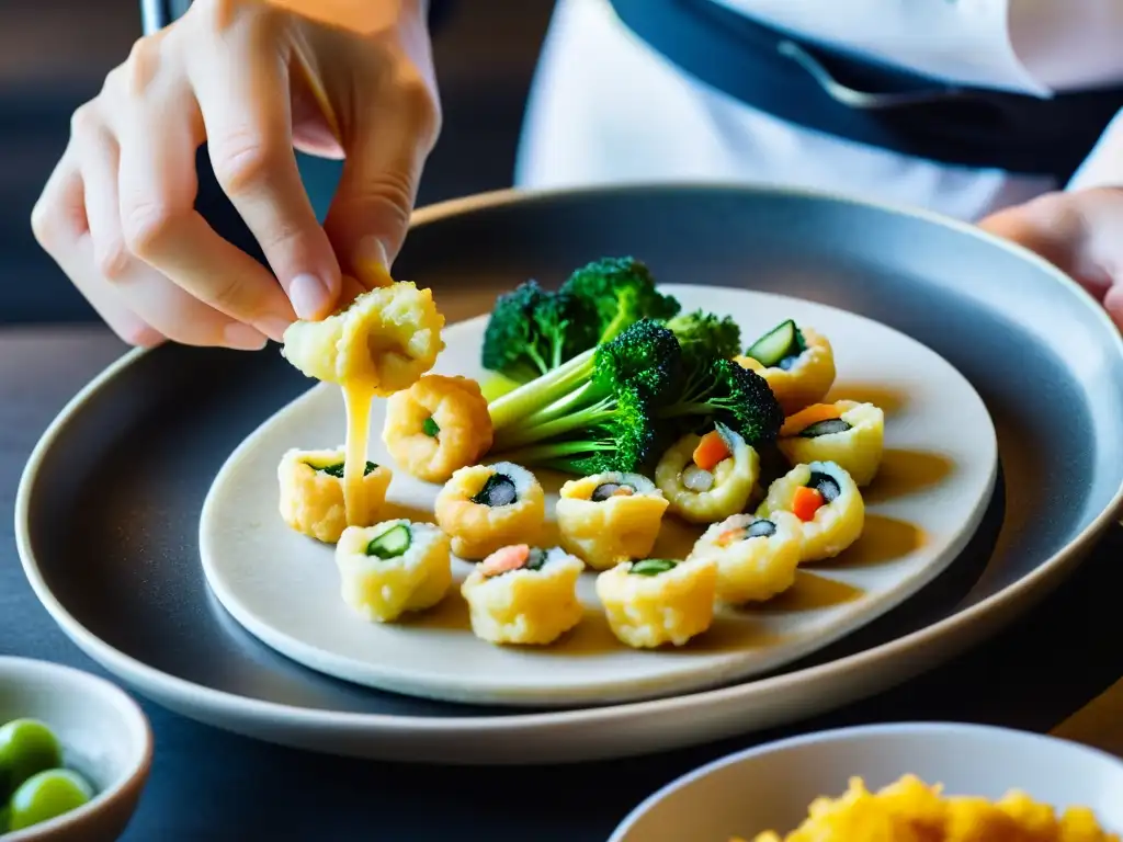 Manos expertas preparando tempura orgánica japonesa con precisión y arte, destacando la frescura de los ingredientes y la delicadeza de la técnica