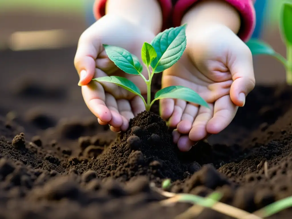 Manos infantiles plantando tierna plántula en suelo fértil, reflejando conexión a la naturaleza