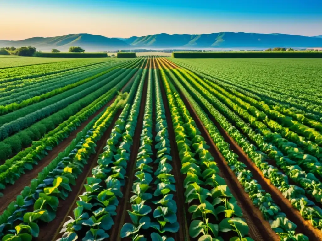 Mantenimiento predictivo equipos agricultura orgánica: Granja orgánica con cultivos vibrantes y cielo azul al atardecer