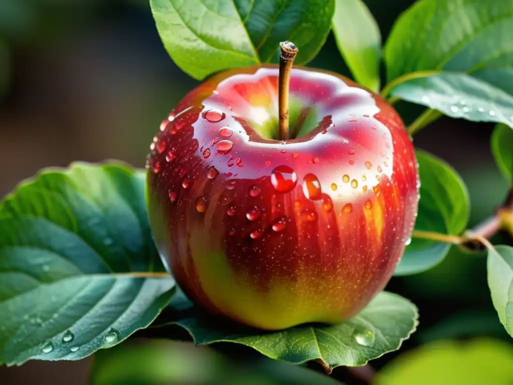 Una manzana orgánica recién arrancada con gotas de rocío, realzando su frescura y vitalidad, rodeada de follaje verde exuberante