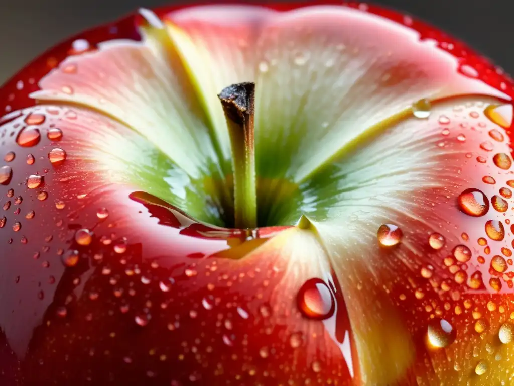 Manzana orgánica brillante con gotas de rocío bajo la suave luz dorada, evocando pureza y belleza natural