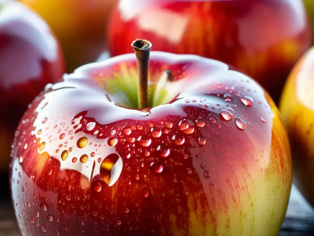 Una manzana orgánica recién cosechada, brillante con gotas de rocío, muestra sus imperfecciones naturales y textura única en un primer plano detallado