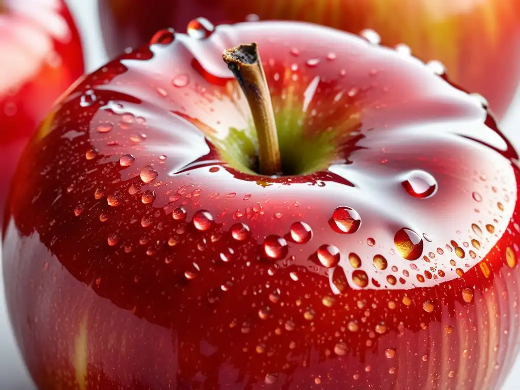 Una manzana orgánica recién cosechada, con gotas de rocío brillando en la suave luz de la mañana