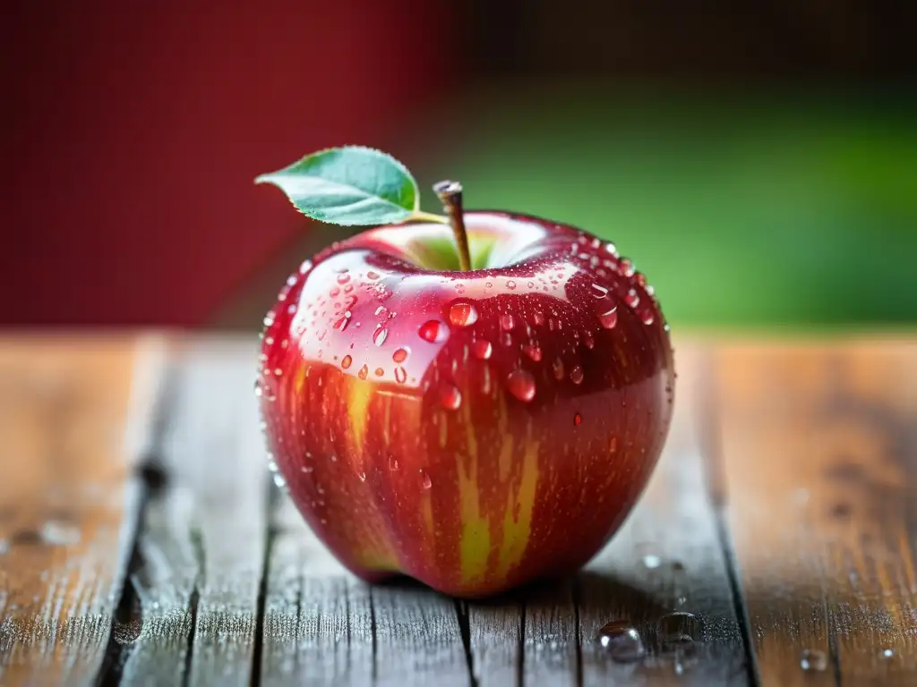 Una manzana orgánica recién cosechada, con tonos rojos y verdes, cubierta de rocío