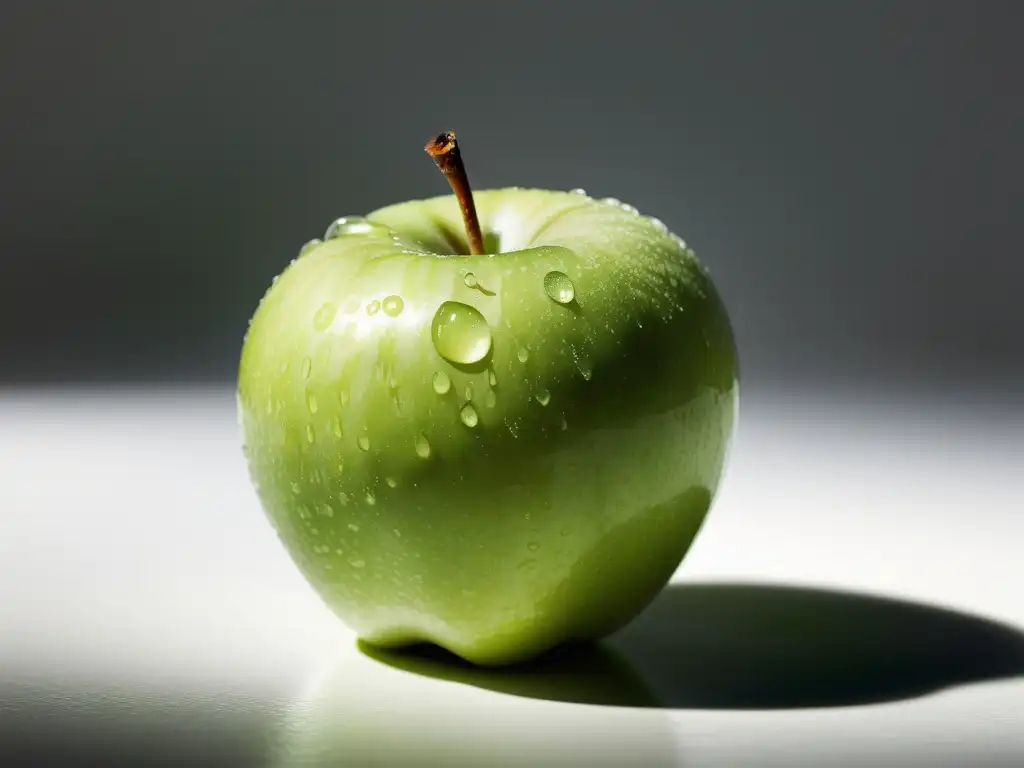 Una manzana orgánica madura, con gota de agua, destaca sobre fondo blanco