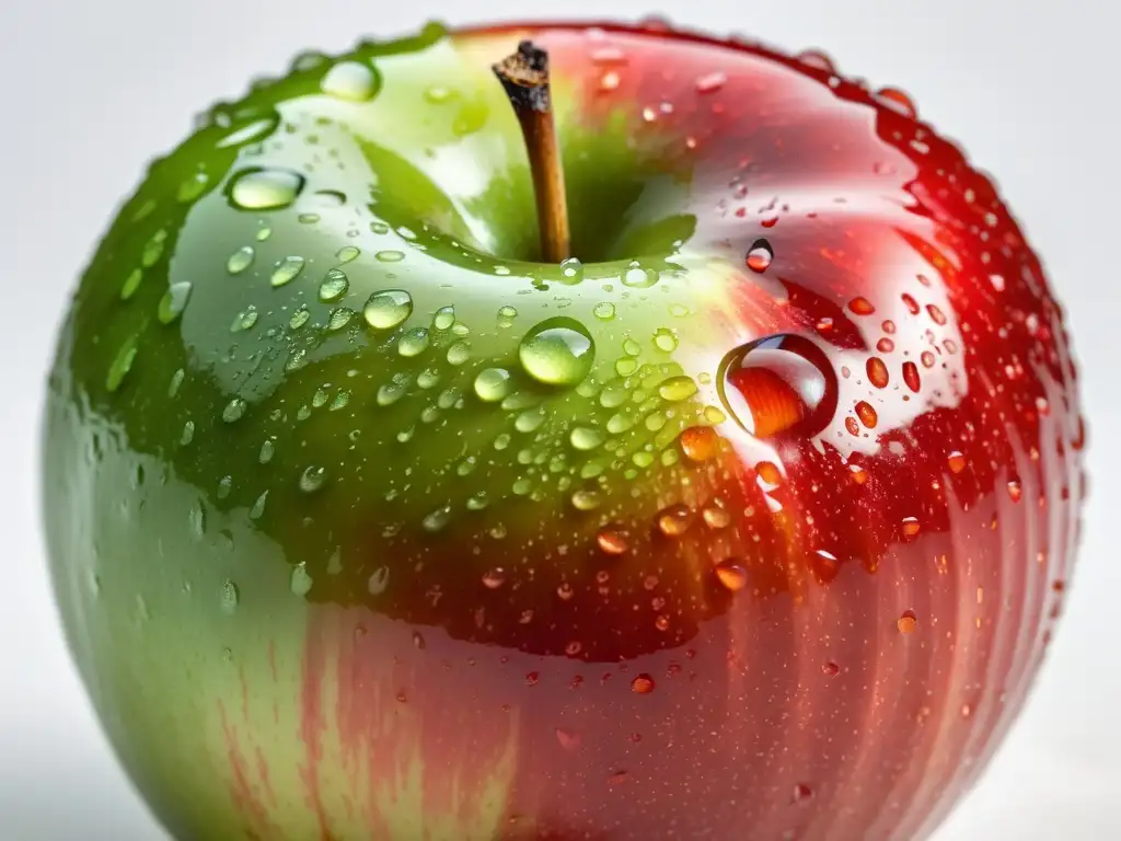 Una manzana orgánica recién recogida brilla con gotas de agua